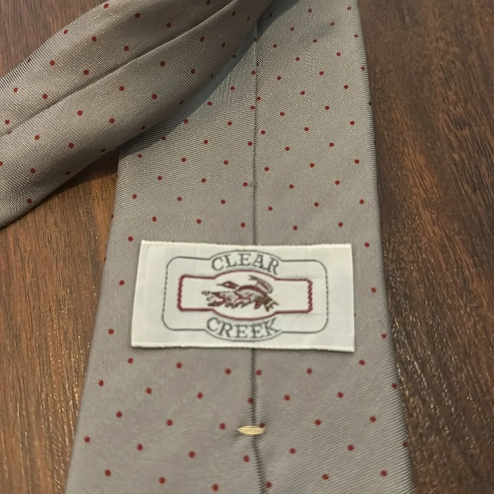 Clear Creek 100% Tricel Tie, Gray with Red Polka Dots